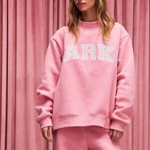 Parke Pink Mock Neck Sweatshirt White Varsity Logo Heart Sleeve Cozy Pullover